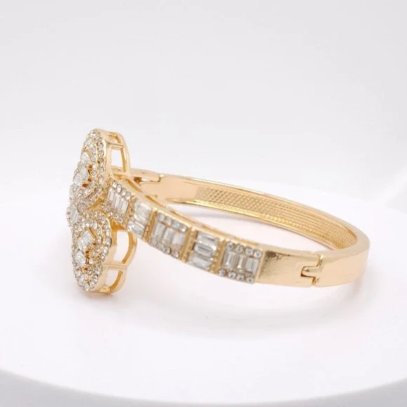 Gold Plated Double Heart Hinged Cuff Bracelet Women's CZ Bangle Romantic Jewelry - Picture 4 of 17